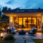 A photograph of a beautifully illuminated patio at dusk