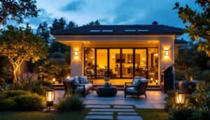A photograph of a beautifully illuminated patio at dusk