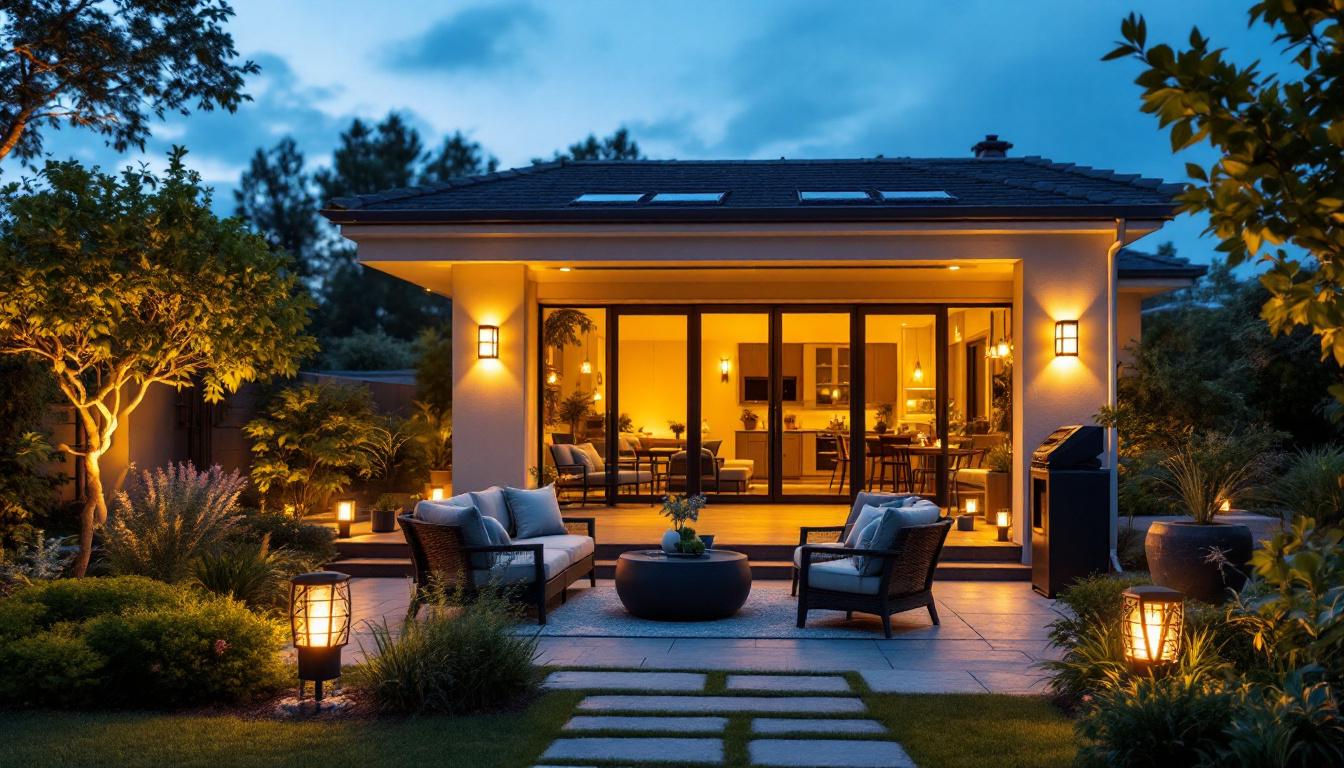 A photograph of a beautifully illuminated patio at dusk