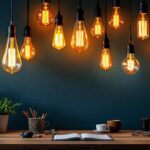 A photograph of a beautifully styled workspace featuring an array of retro vintage light bulbs in various shapes and sizes