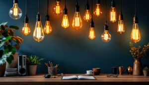 A photograph of a beautifully styled workspace featuring an array of retro vintage light bulbs in various shapes and sizes