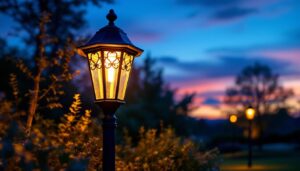 A photograph of a beautifully designed outdoor lantern post illuminated at dusk