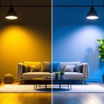 A photograph of a side-by-side comparison of 4-inch and 6-inch can lights installed in a stylishly lit room
