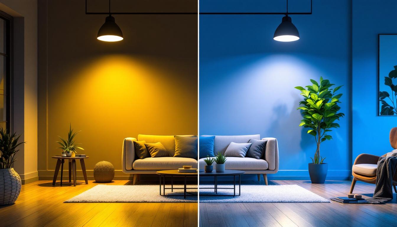 A photograph of a side-by-side comparison of 4-inch and 6-inch can lights installed in a stylishly lit room