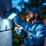A photograph of a lighting contractor installing or adjusting a light motion sensor in an outdoor setting