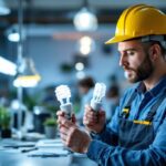 A photograph of a lighting contractor examining t8 and t12 fluorescent bulbs side by side