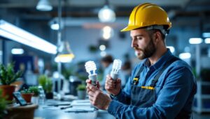A photograph of a lighting contractor examining t8 and t12 fluorescent bulbs side by side