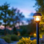 A photograph of a stylish outdoor lamp with a built-in sensor illuminated at dusk