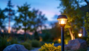 A photograph of a stylish outdoor lamp with a built-in sensor illuminated at dusk