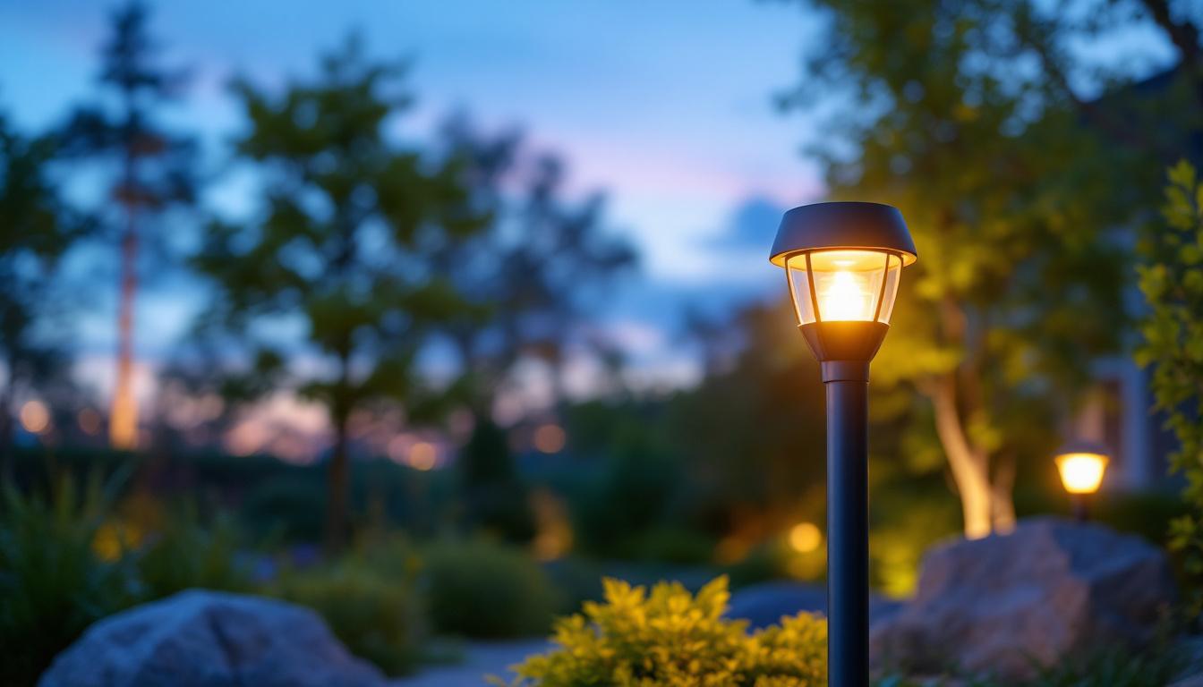 A photograph of a stylish outdoor lamp with a built-in sensor illuminated at dusk