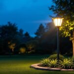 A photograph of a well-lit lawn pole light illuminating a beautifully landscaped yard at dusk