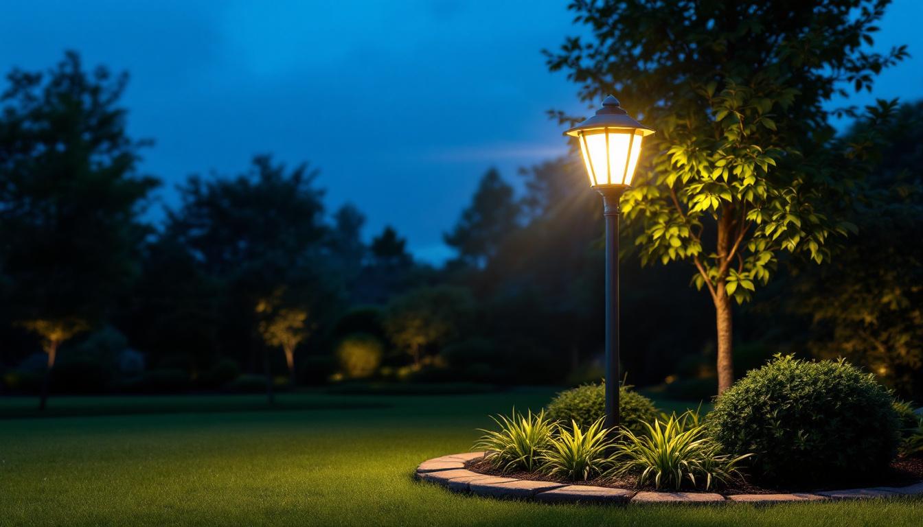 A photograph of a well-lit lawn pole light illuminating a beautifully landscaped yard at dusk