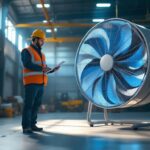 A photograph of a lighting contractor inspecting an industrial big fan installation in a well-lit warehouse