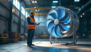 A photograph of a lighting contractor inspecting an industrial big fan installation in a well-lit warehouse