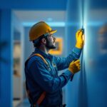 A photograph of a lighting contractor in action
