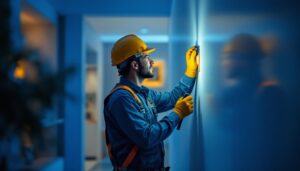 A photograph of a lighting contractor in action