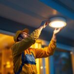 A photograph of a lighting contractor installing an outdoor ceiling led light in a residential setting