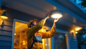 A photograph of a lighting contractor installing an outdoor ceiling led light in a residential setting