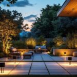 A photograph of a well-lit outdoor space showcasing modern solar lights in various settings
