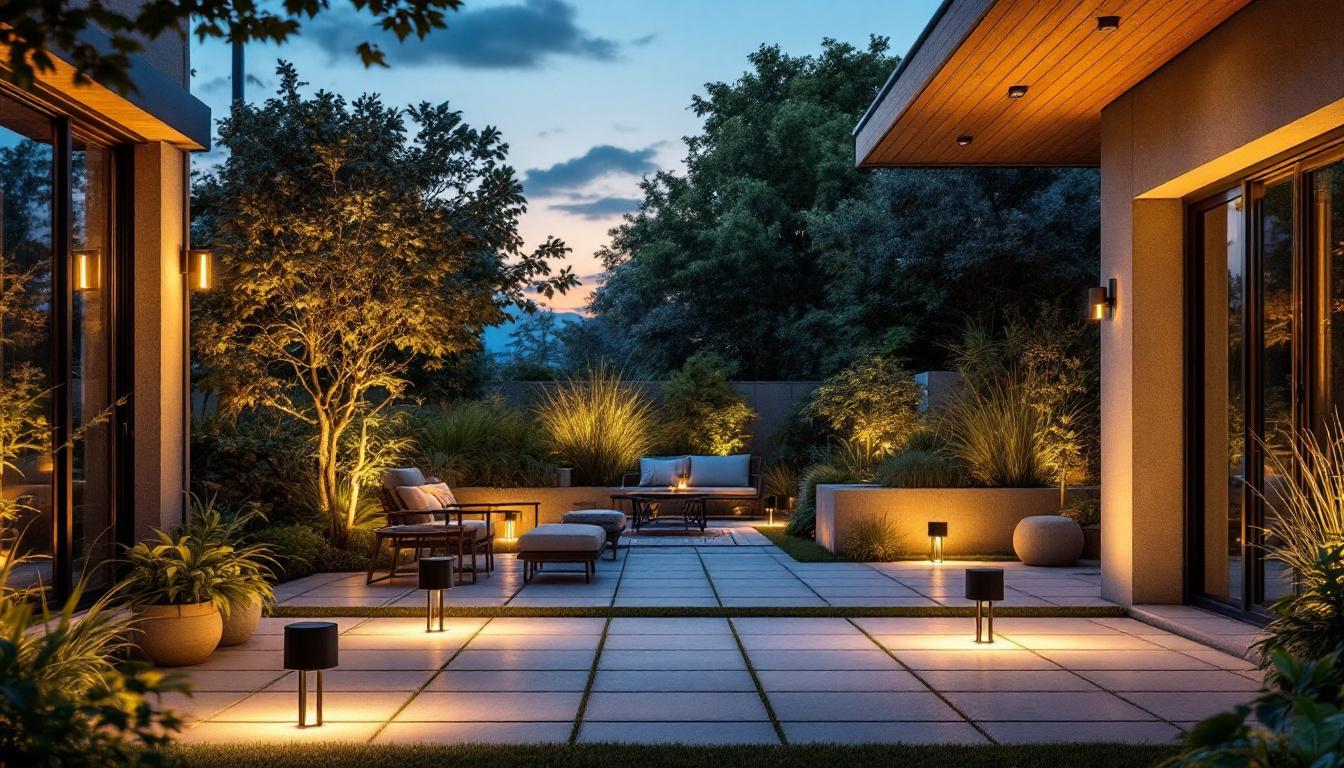 A photograph of a well-lit outdoor space showcasing modern solar lights in various settings