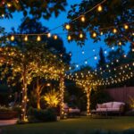 A photograph of a beautifully illuminated outdoor space featuring solar light strings artfully draped over trees