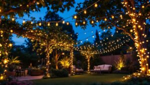 A photograph of a beautifully illuminated outdoor space featuring solar light strings artfully draped over trees