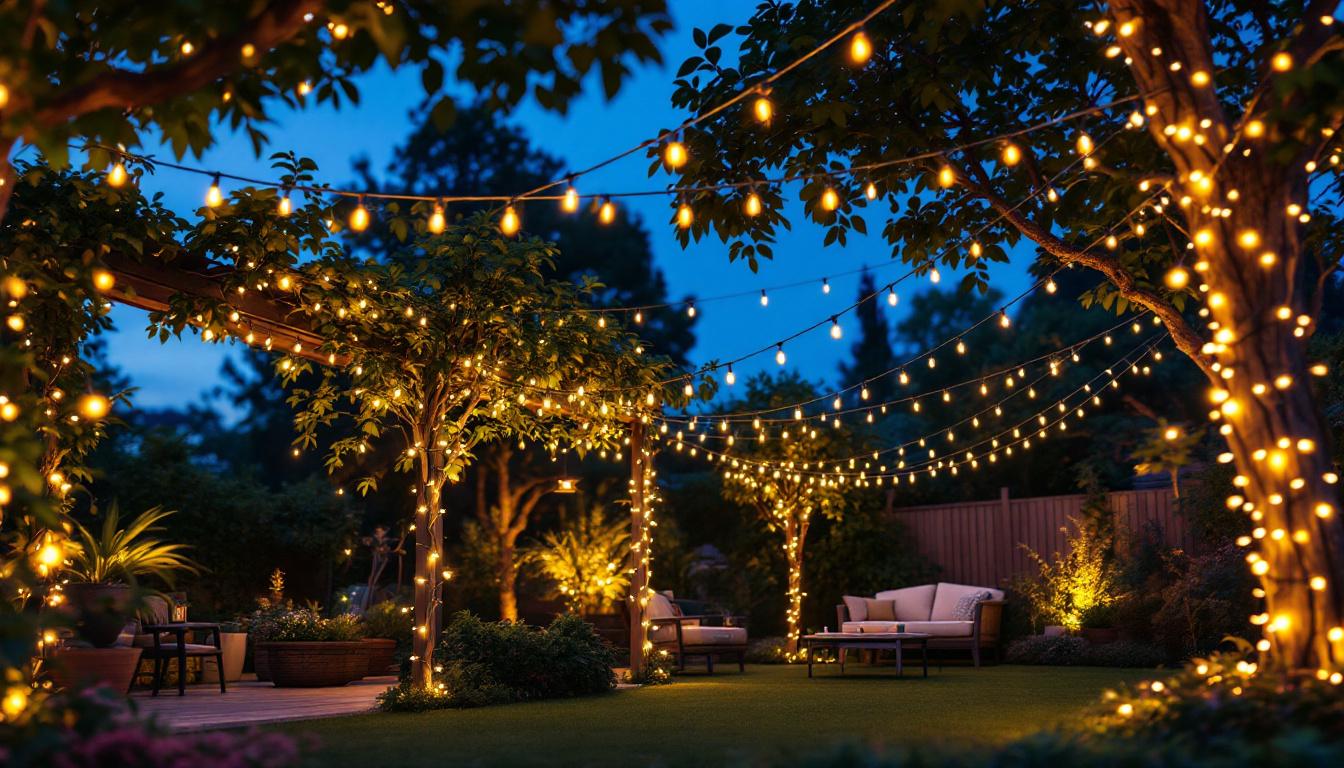 A photograph of a beautifully illuminated outdoor space featuring solar light strings artfully draped over trees