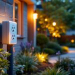 A photograph of a well-installed outdoor power outlet post in a beautifully landscaped setting