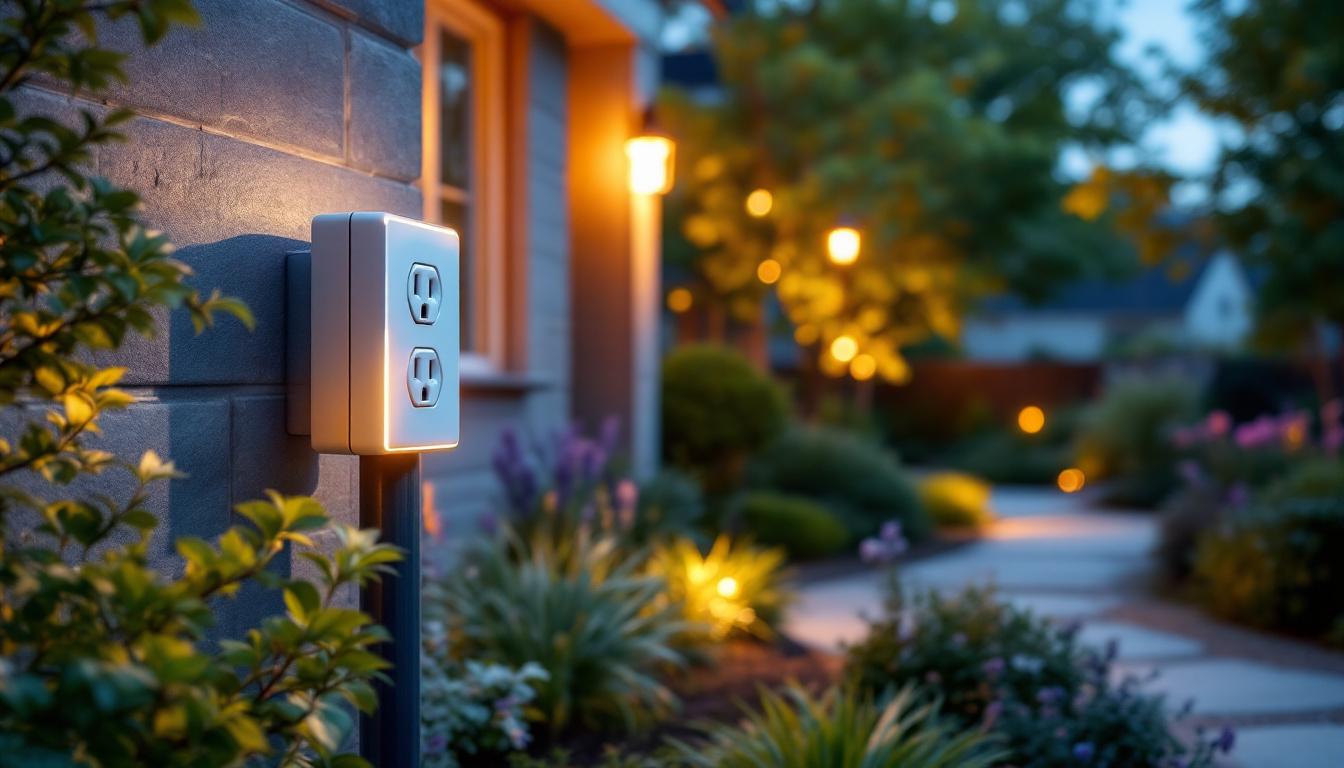 A photograph of a well-installed outdoor power outlet post in a beautifully landscaped setting