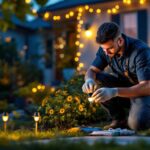 A photograph of a lighting contractor installing led solar mini lights in a residential outdoor setting