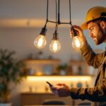 A photograph of capture a photograph of a stylish 3 lamp light fixture installed in a modern interior setting