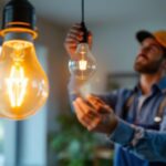 A photograph of a lighting contractor installing an a19 lamp bulb in a modern residential setting