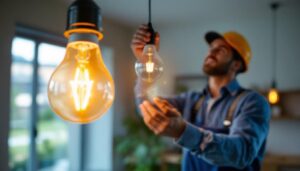 A photograph of a lighting contractor installing an a19 lamp bulb in a modern residential setting