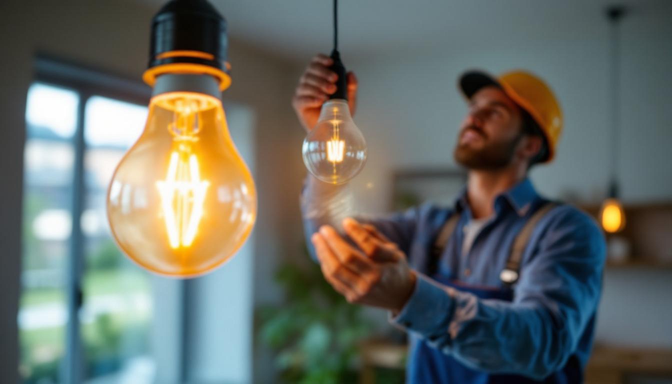 A photograph of a lighting contractor installing an a19 lamp bulb in a modern residential setting
