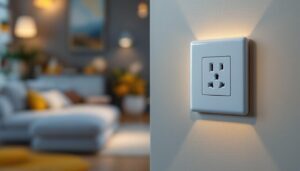 A photograph of a stylishly designed contemporary outlet cover in a well-lit