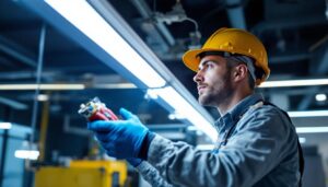 A photograph of a skilled lighting contractor installing or adjusting a t8 two lamp ballast in a modern commercial setting