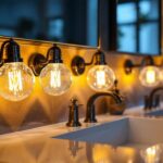 A photograph of a beautifully styled bathroom vanity featuring an elegant arrangement of vanity bulb lights
