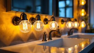 A photograph of a beautifully styled bathroom vanity featuring an elegant arrangement of vanity bulb lights