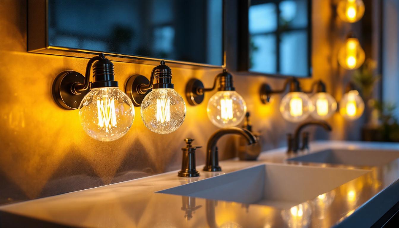 A photograph of a beautifully styled bathroom vanity featuring an elegant arrangement of vanity bulb lights