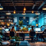 A photograph of a well-lit modern office space featuring a mix of natural and artificial lighting