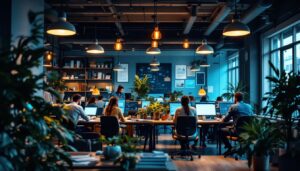 A photograph of a well-lit modern office space featuring a mix of natural and artificial lighting
