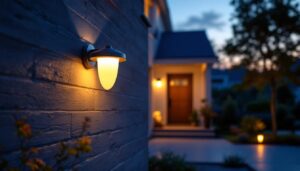 A photograph of a stylish led porch light fixture installed on a welcoming front porch