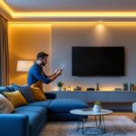 A photograph of a modern living room featuring smart lighting controls in action