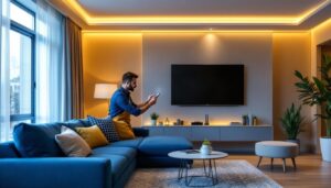 A photograph of a modern living room featuring smart lighting controls in action