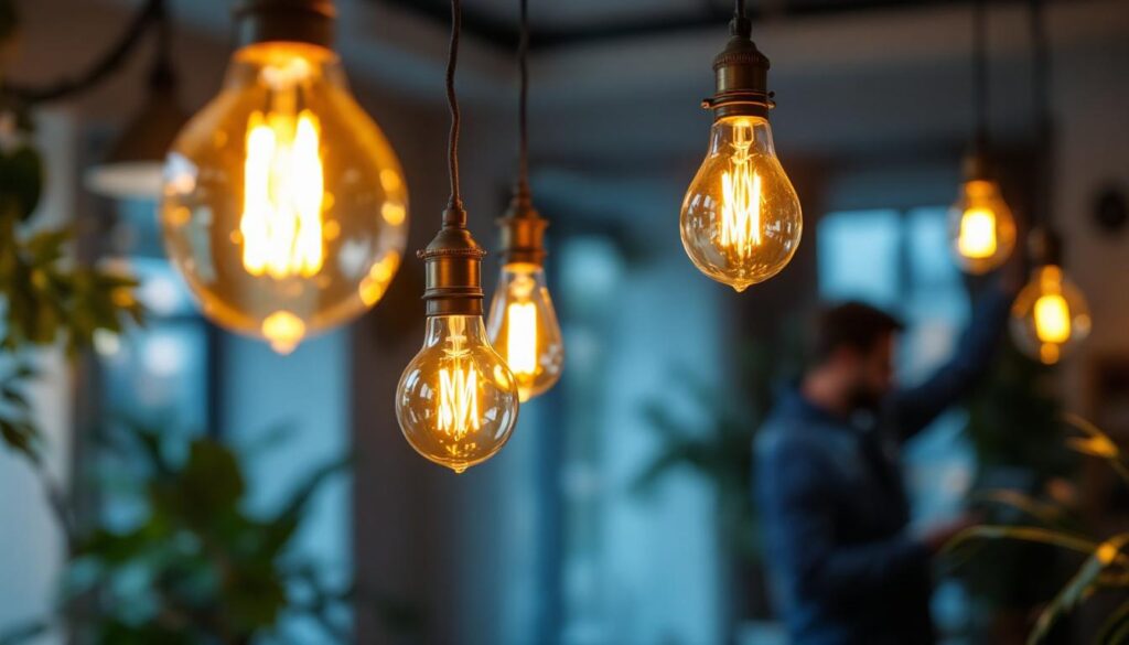A photograph of an elegantly styled interior featuring antique-style light bulbs