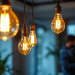 A photograph of an elegantly styled interior featuring antique-style light bulbs
