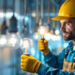 A photograph of a lighting contractor working on a project