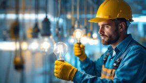 A photograph of a lighting contractor working on a project