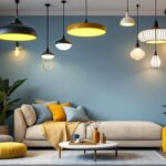 A photograph of a stylish interior space showcasing a variety of modern ceiling lights