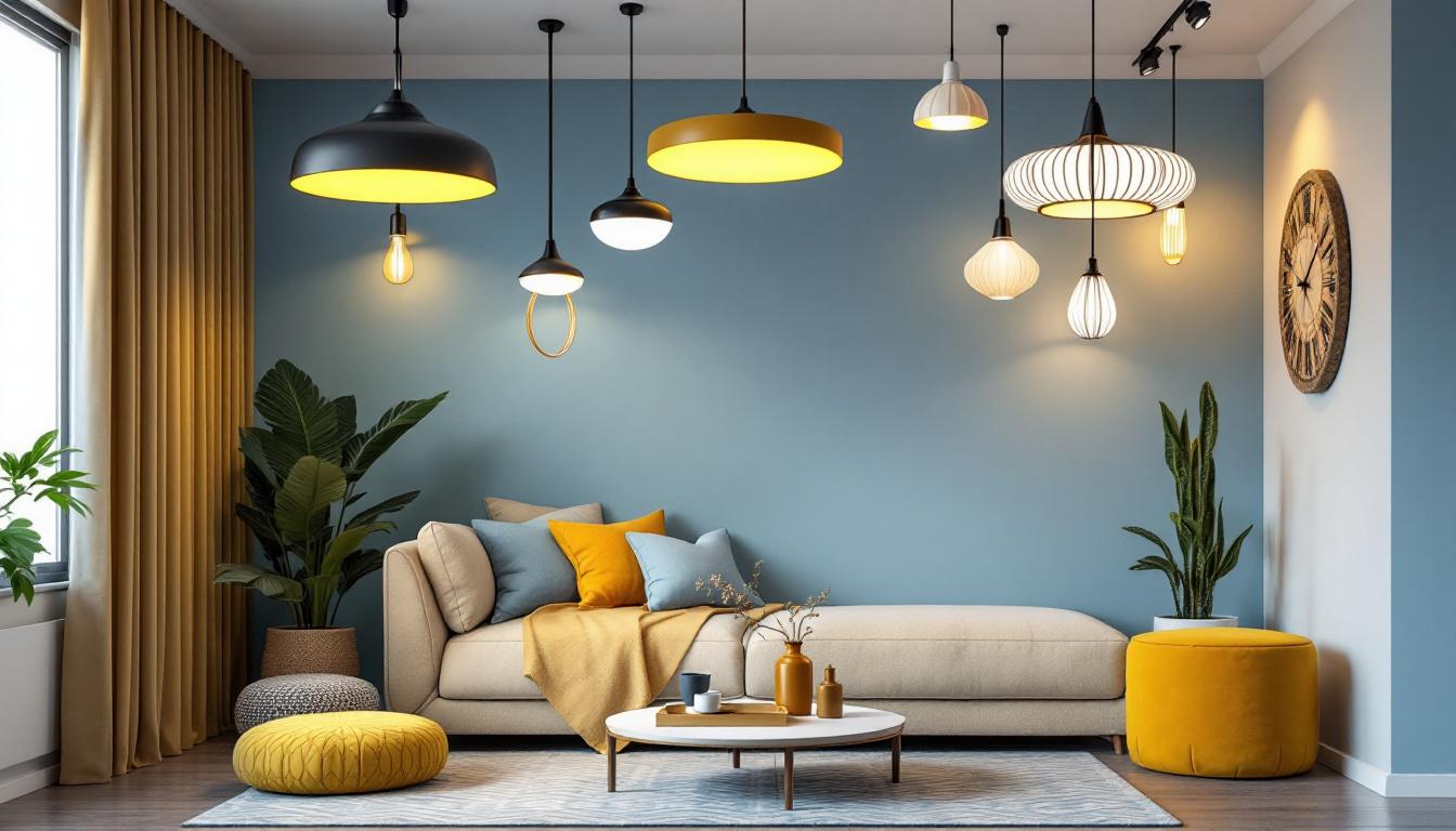 A photograph of a stylish interior space showcasing a variety of modern ceiling lights